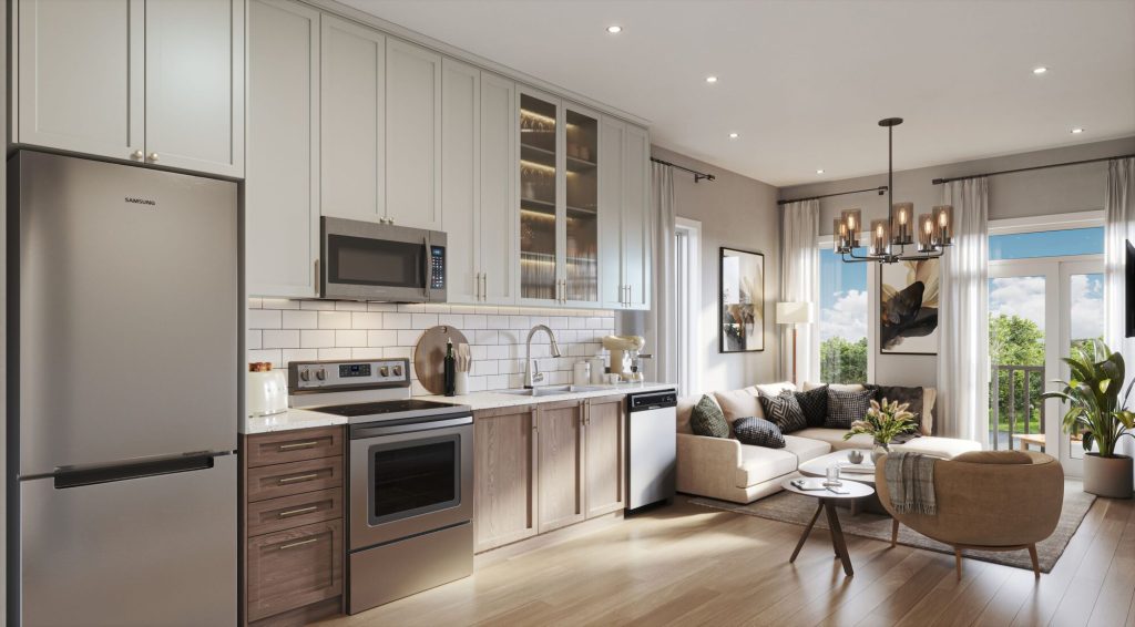 Summit Series upper residence at Orléans Village: kitchen open to the living room