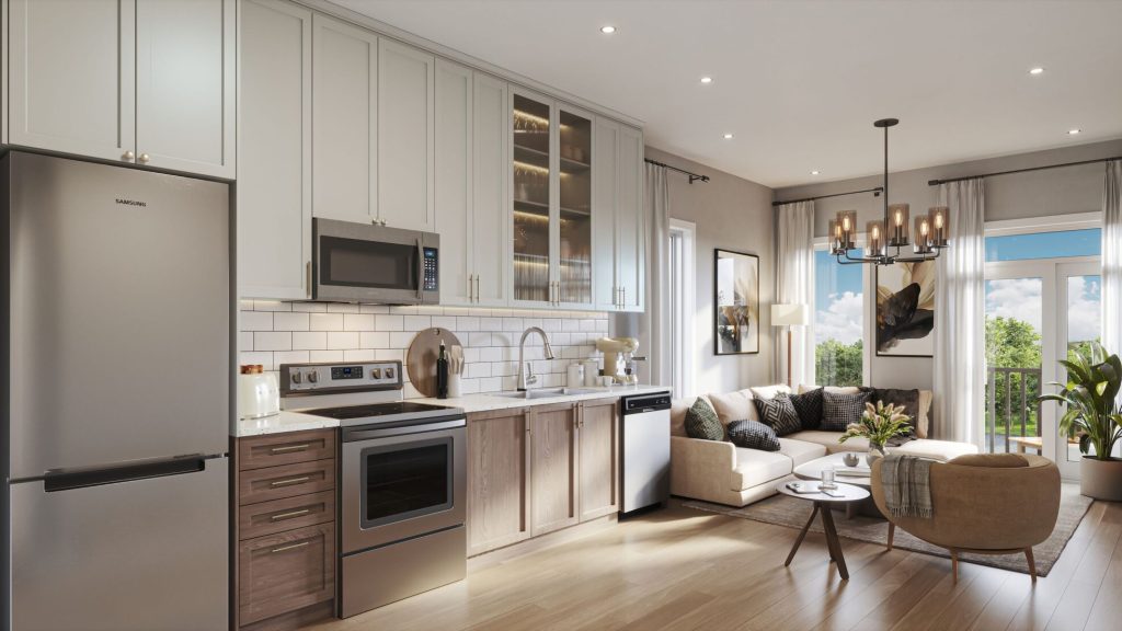 Summit Series second-residence kitchen open to the living area, with dark wood cabinetry