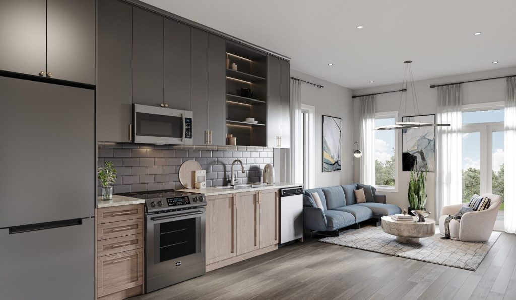Summit Series at The Conservancy: kitchen in pale oak open to the living room