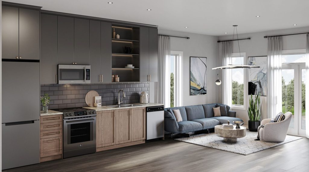 Summit Series at The Conservancy: kitchen and living room, with a sofa below tall windows