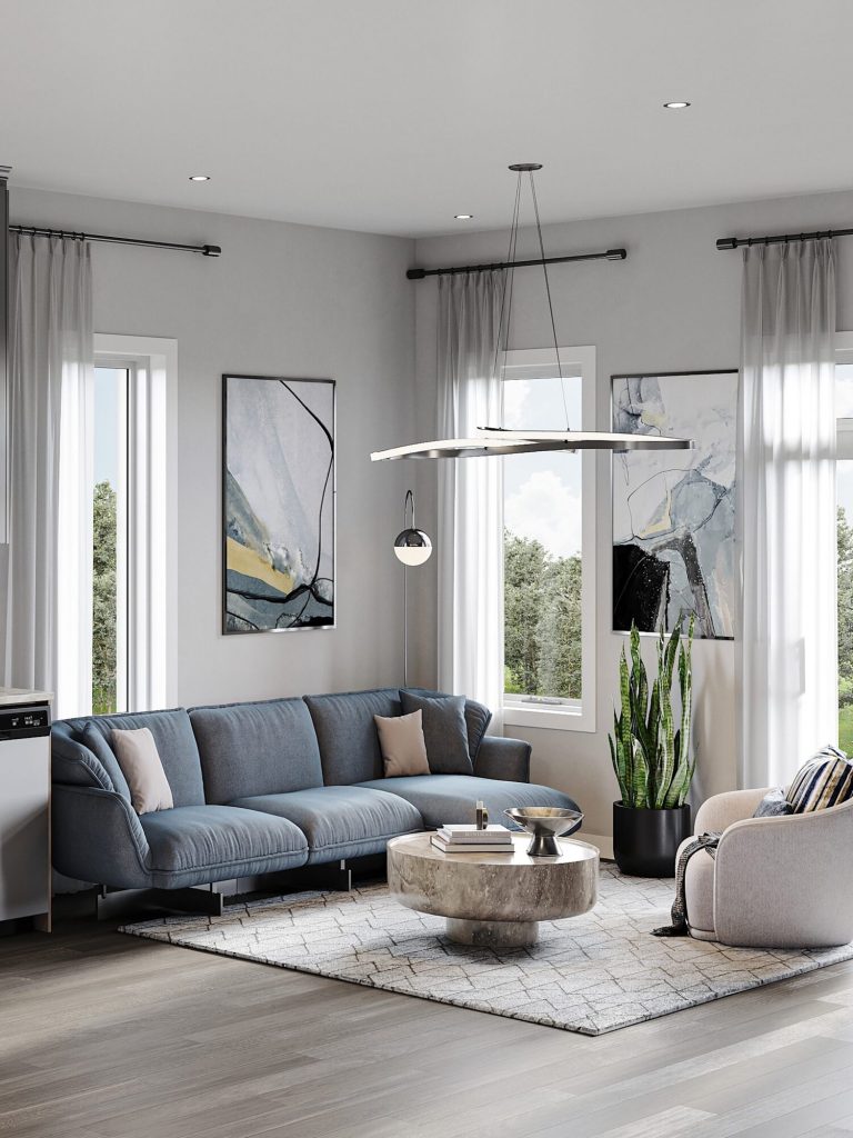 Summit Series upper residence Plan 2E at The Conservancy: living room with a long sofa and tall windows