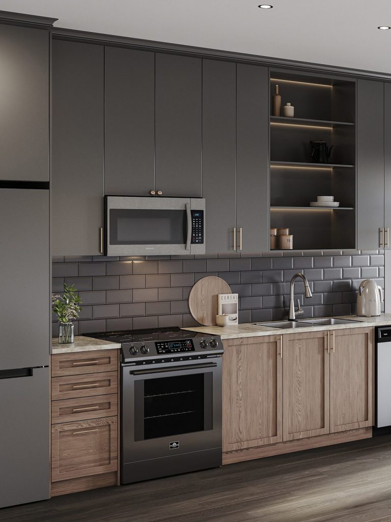 Summit Series upper residence Plan 2E at The Conservancy: kitchen with pale oak cabinetry and a tiled backsplash