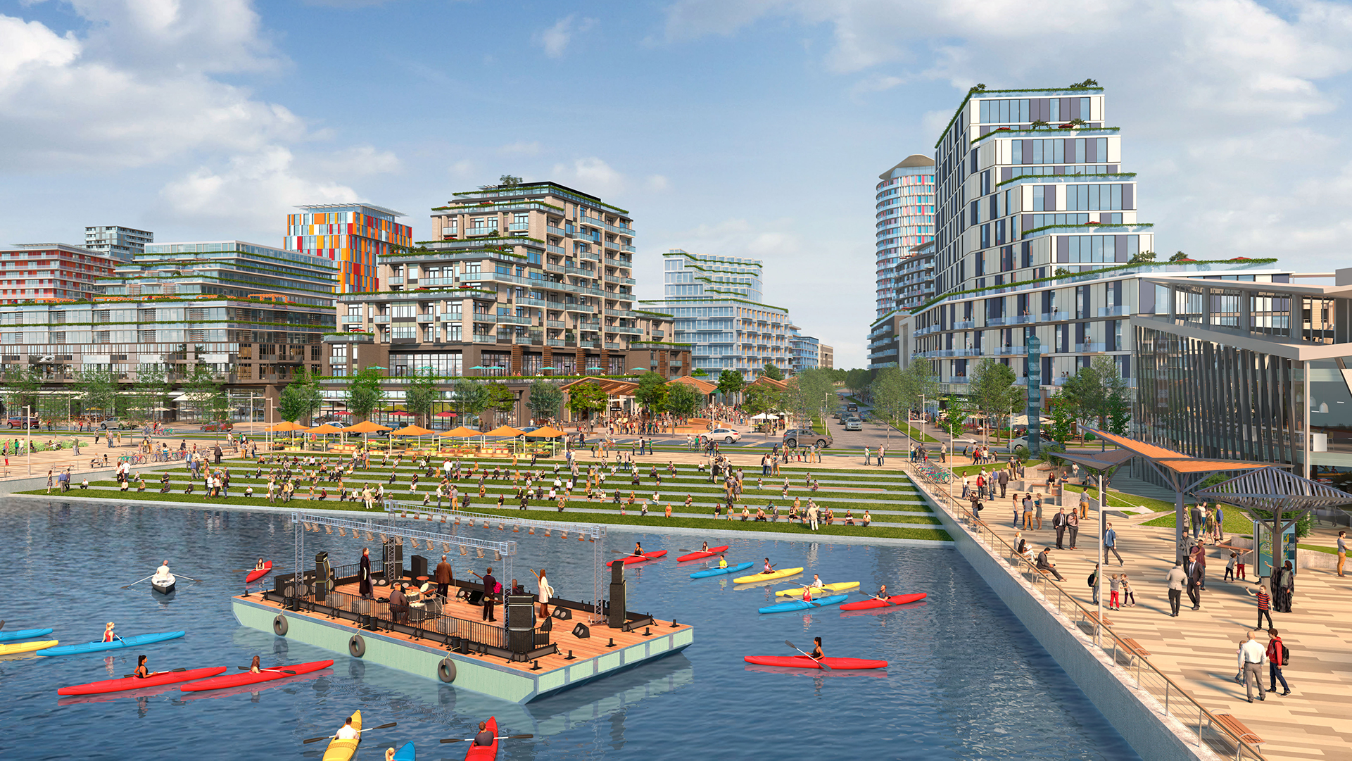 Rendering of the Lakeview Village waterfront, with kayakers, a boardwalk and mid-rise buildings