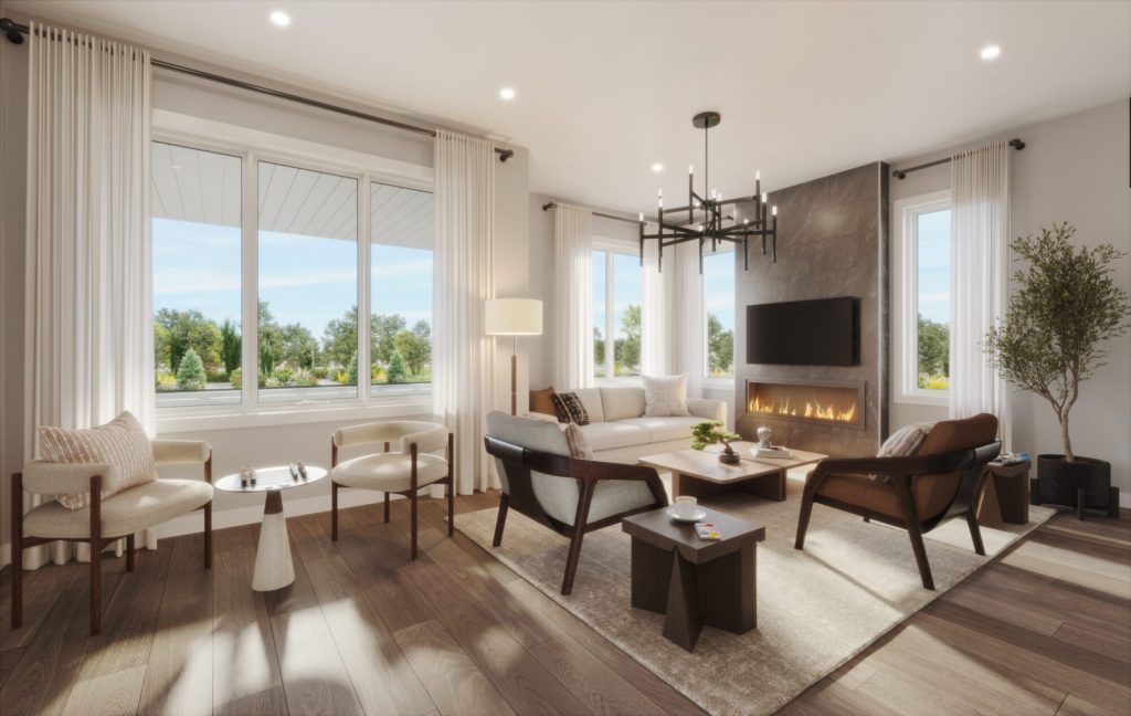 Plan 1, 20' OpenPlan Towns at Cassette: living and dining area with a linear fireplace