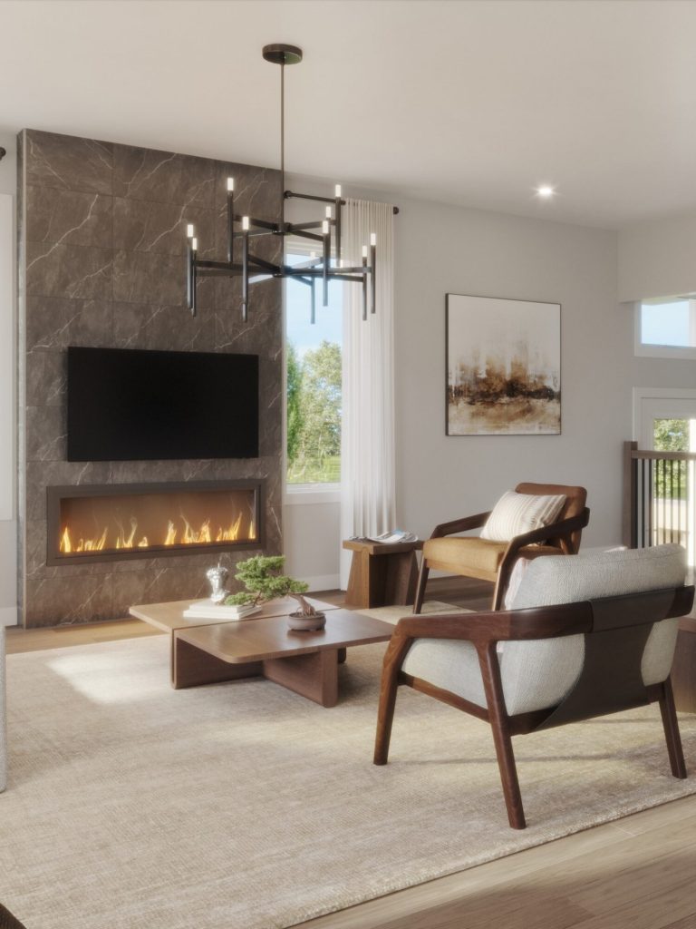 Cassette living room with a linear fireplace, wall-mounted television and armchairs