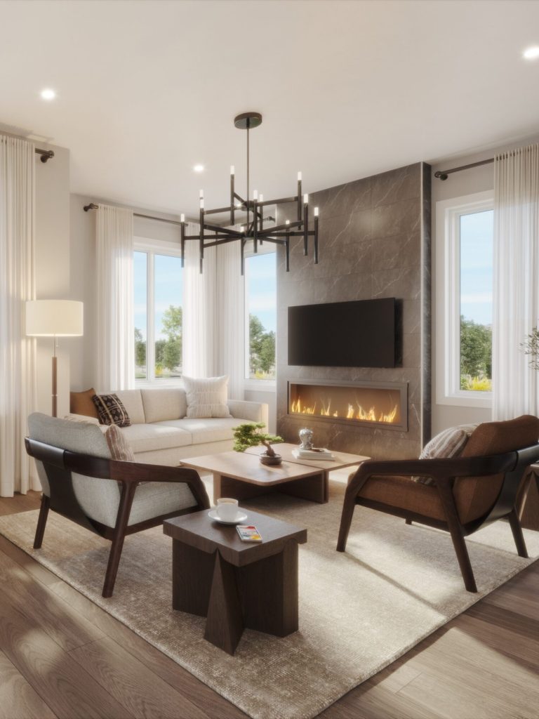 Cassette living room with a fireplace below a television, and a pair of lounge chairs
