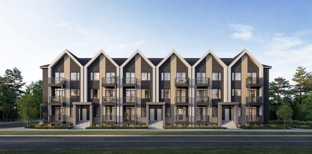 Street elevation of a row of Aura three-storey towns with balconies