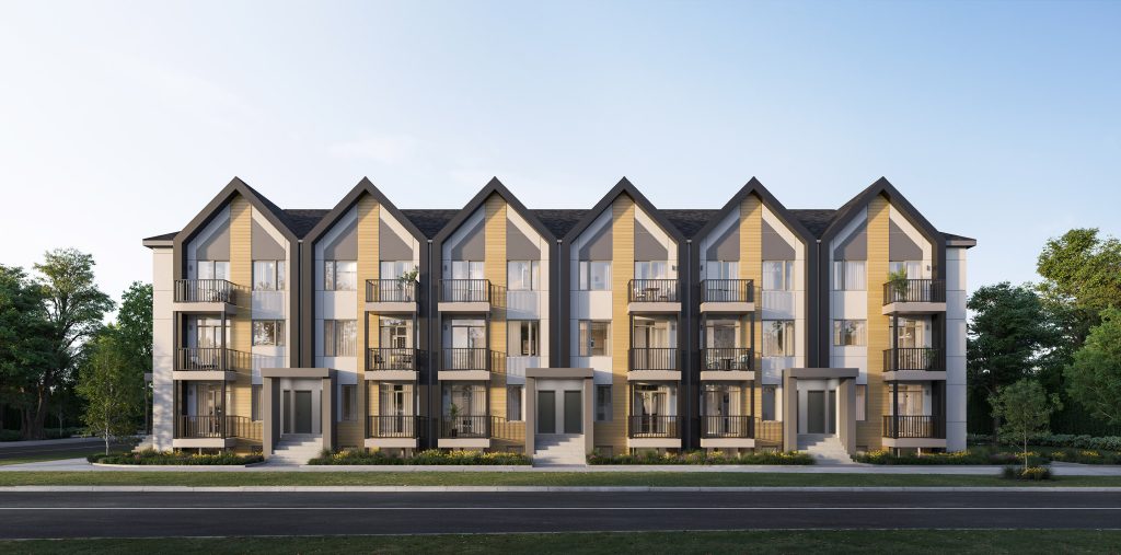 Street elevation of a row of Aura towns in a dark brick and timber scheme