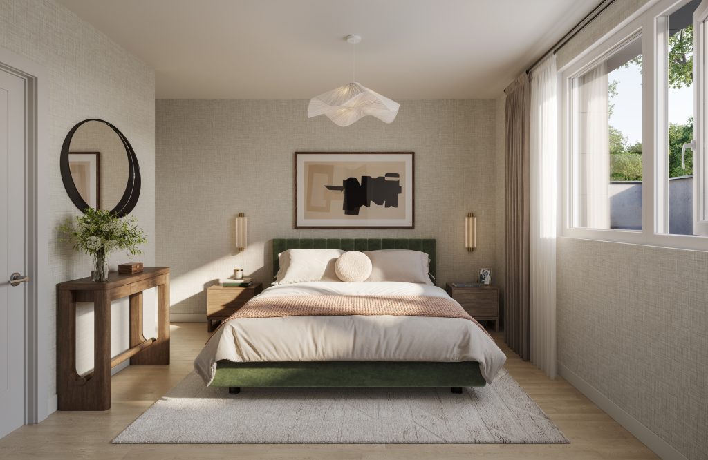 Bedroom in an Aura town, with a round mirror, console table and corner windows