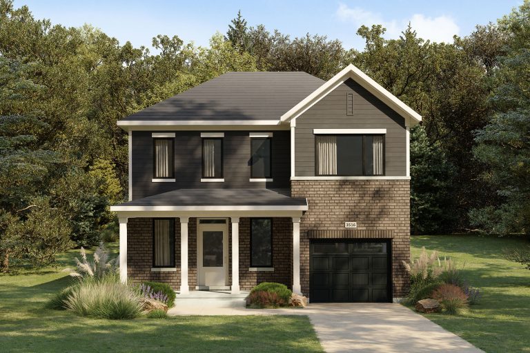 The Hemlock model home, 35' Collection: elevation rendering with a covered porch