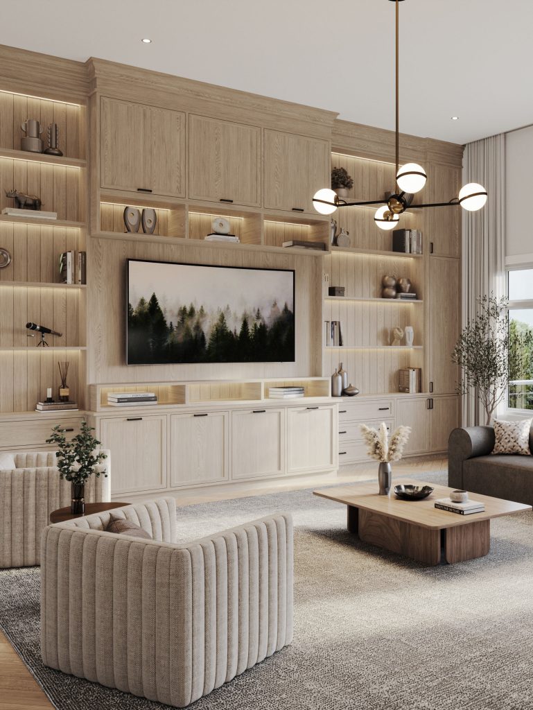The Paisley Loft, 42' Collection: family room with built-in shelving and a wall-mounted television