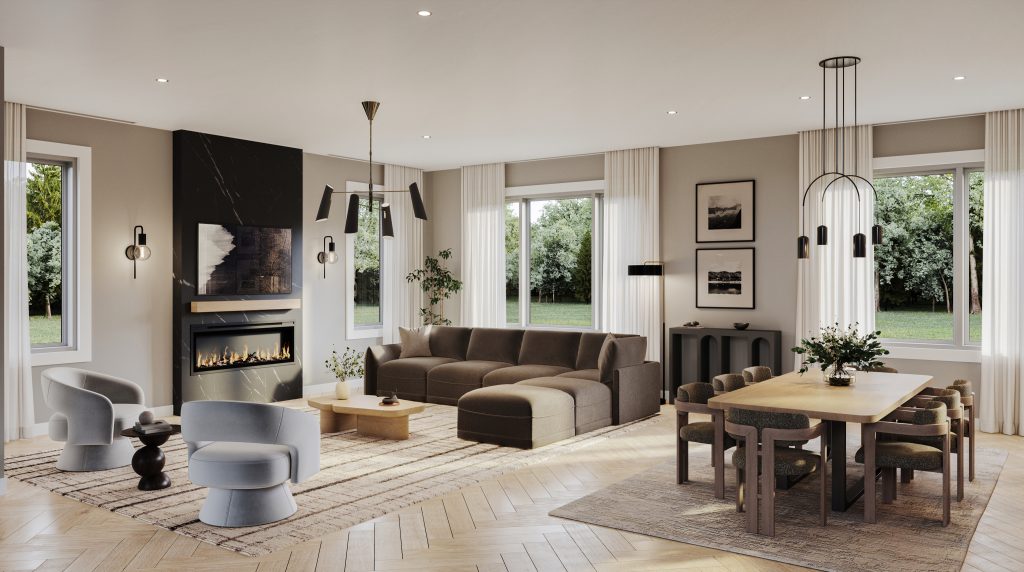 The Newbury, 42' Collection: great room and dining area with a fireplace between them