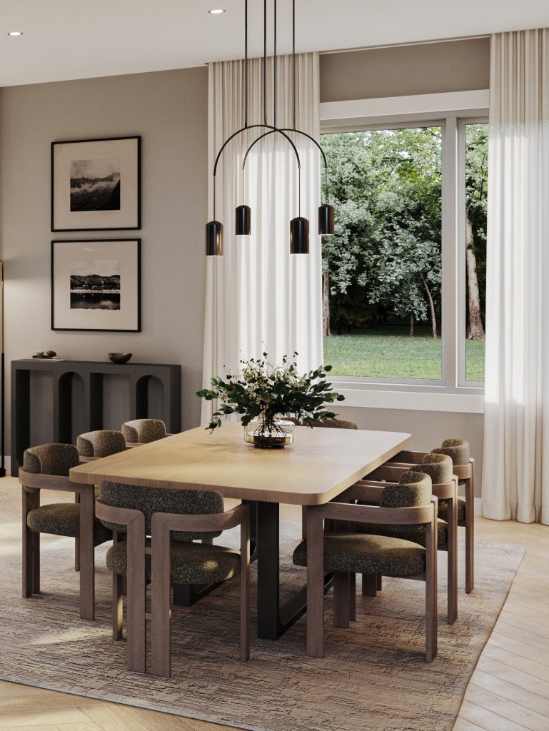 The Paisley Loft, 42' Collection: dining table set beside a tall window