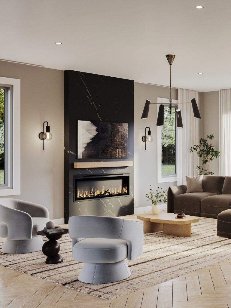 The Paisley Loft, 42' Collection: great room with a linear fireplace and swivel chairs