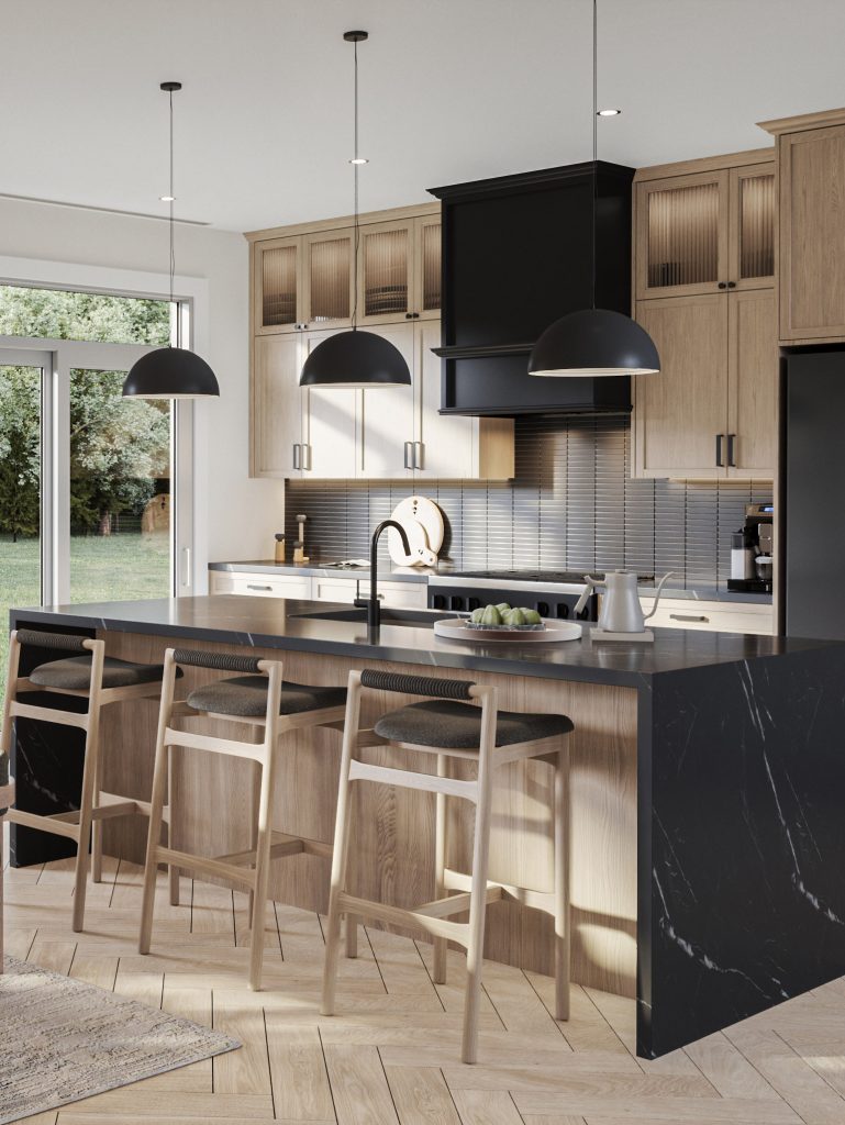 The Paisley Loft, 42' Collection: kitchen with a black marble island and bar stools
