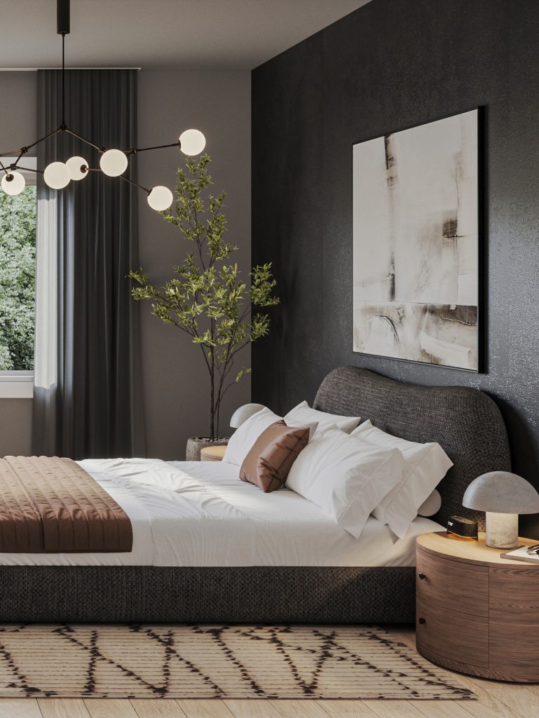 The Paisley Loft, 42' Collection: primary bedroom with a dark feature wall and globe pendants