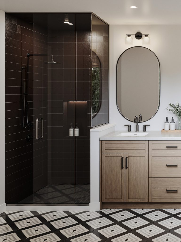 The Paisley Loft, 42' Collection: spa ensuite with a black-tiled shower and oval mirror