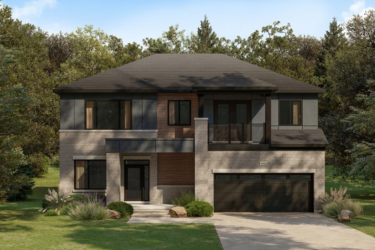 The Copperstone, 50' Collection: elevation rendering with a flat roofline and balcony