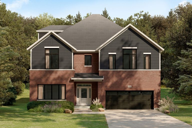 The Stonehaven, 50' Collection: elevation rendering with twin gables