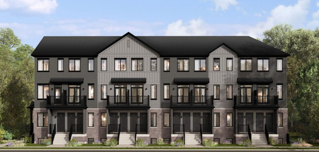 Summit Series lower residence Plan 1 at Orléans Village: elevation rendering of a town block