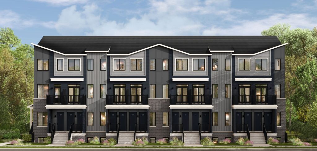 Summit Series lower residence Plan 1 at Orléans Village: elevation rendering of a town block