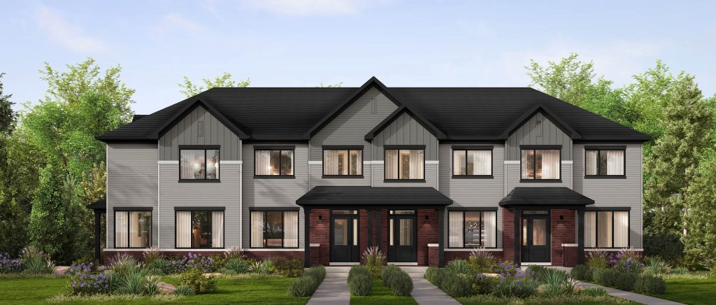 Plan 1/1E, Double Car Garage Towns at Fox Run: elevation rendering of a town block