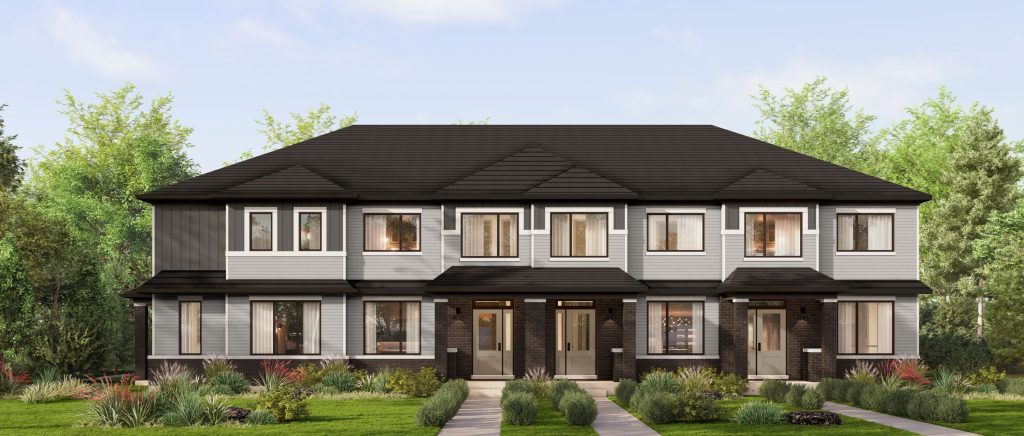 Plan 1/1E, Double Car Garage Towns at Fox Run: elevation rendering of a town block
