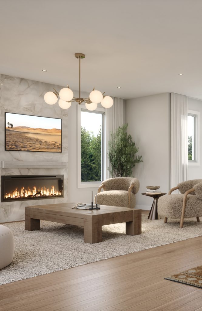 Plan 2C, Double Car Garage Towns at Fox Run: living and dining room with a linear fireplace