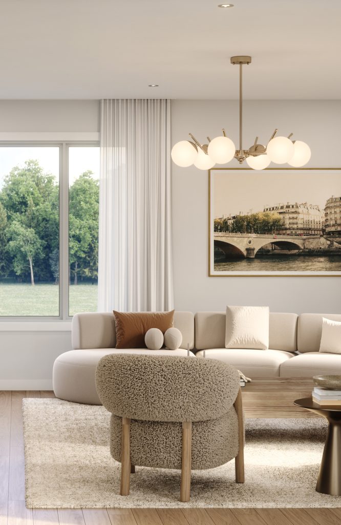 Plan 2C, Double Car Garage Towns at Fox Run: living room with a curved sofa and tall window