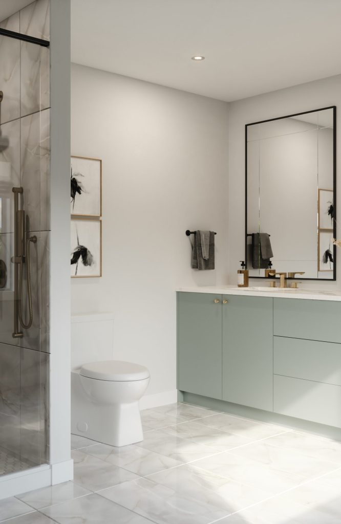Plan 2C, Double Car Garage Towns at Fox Run: ensuite with a glass shower and green vanity