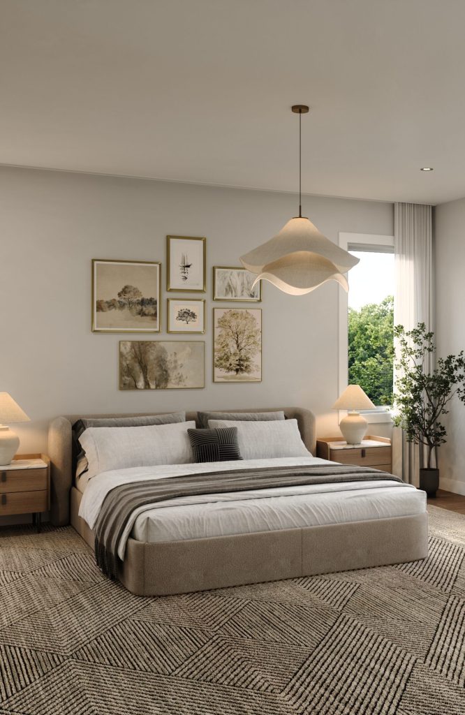 Plan 2C, Double Car Garage Towns at Fox Run: primary bedroom with a framed picture wall