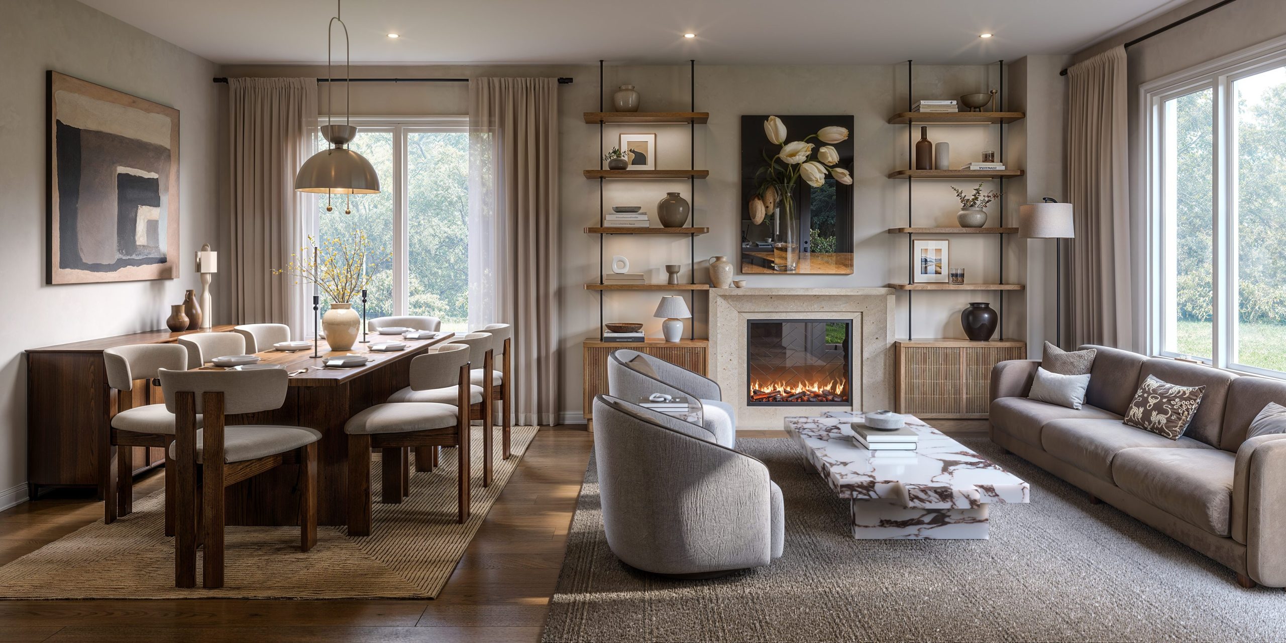 Open living and dining room with a fireplace and built-in shelving