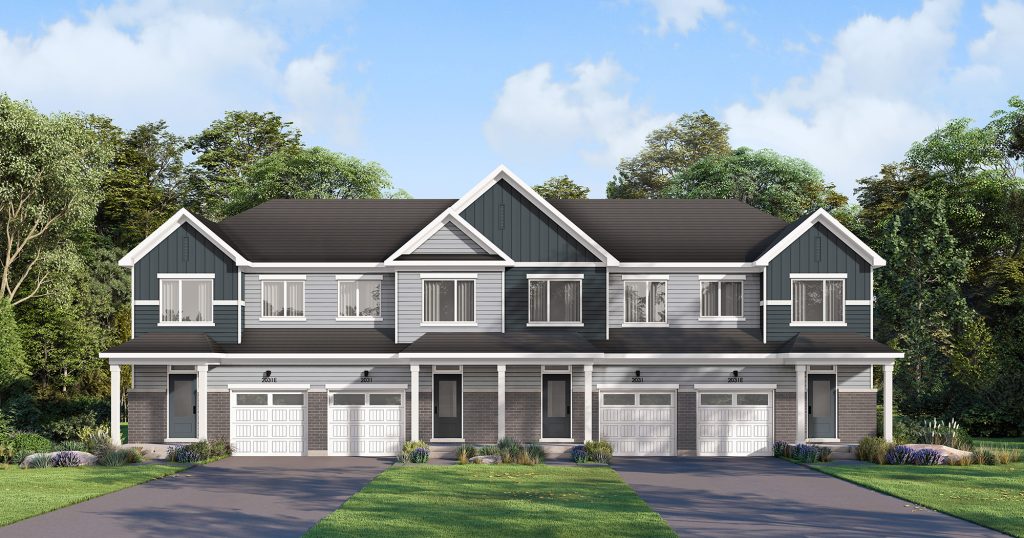 The Perfect Townhome: elevation rendering of a town block with garages