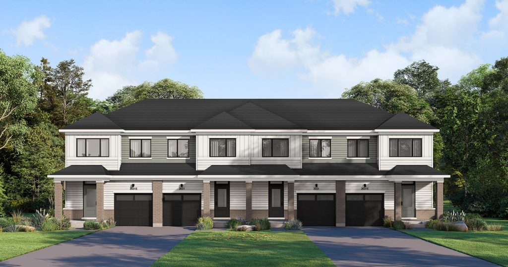 The Perfect Townhome: elevation rendering of a town block with garages