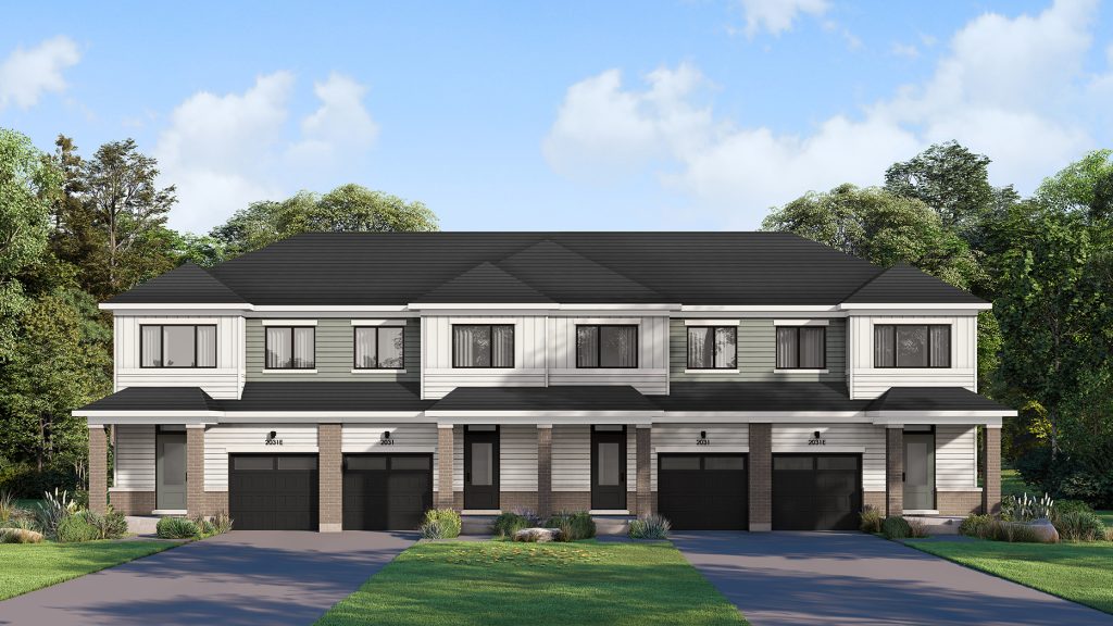 Elevation rendering of a town block with roofs and individual garages