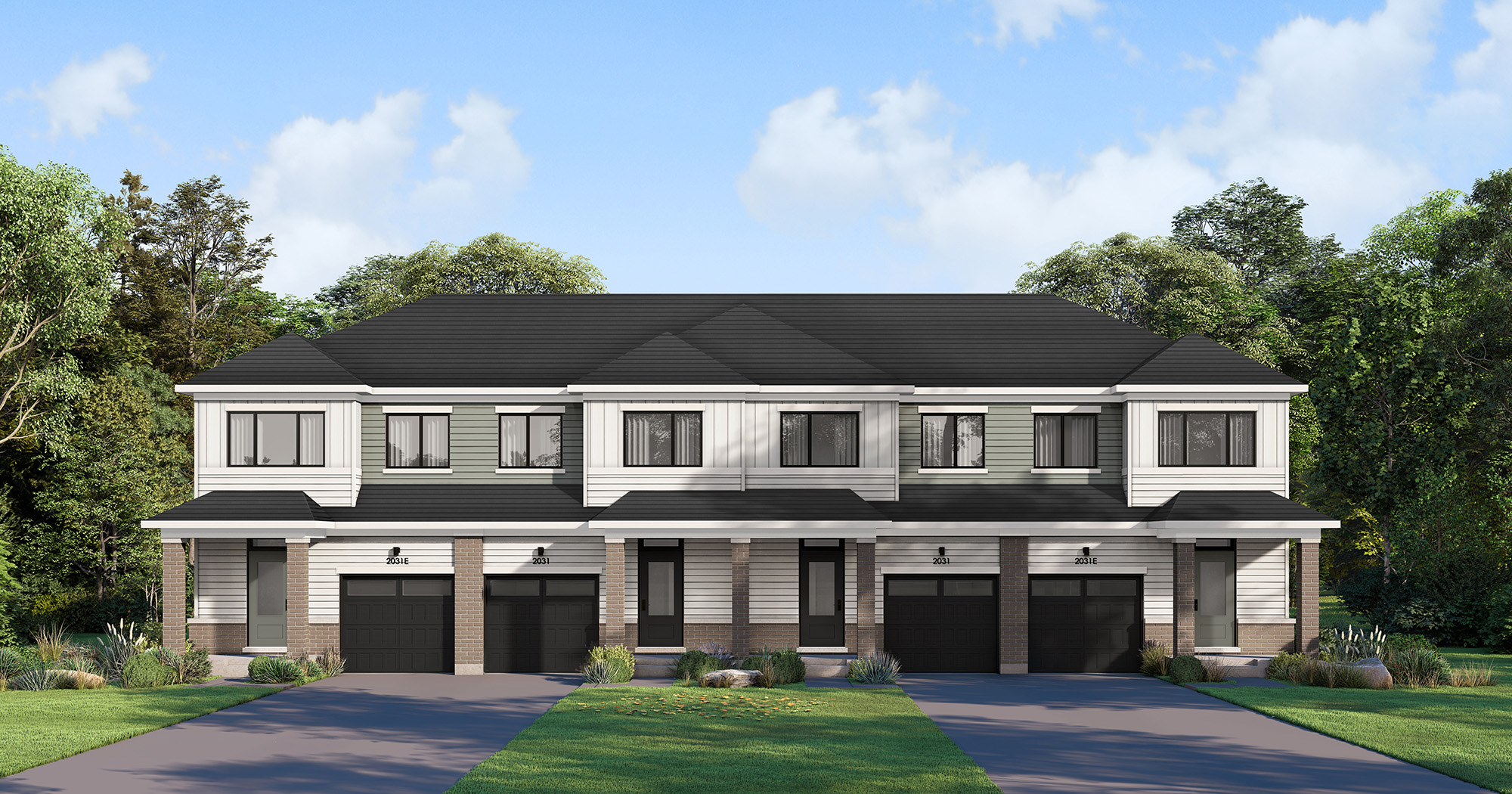 Elevation rendering of a town block with roofs and individual garages