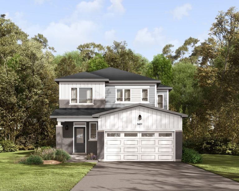 Series II Plan 1 at Fox Run: elevation rendering with a flat-roofed porch