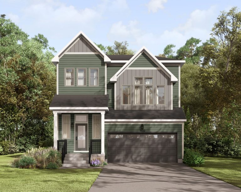 Series II Plan 2 at Fox Run: elevation rendering in sage green siding with twin gables