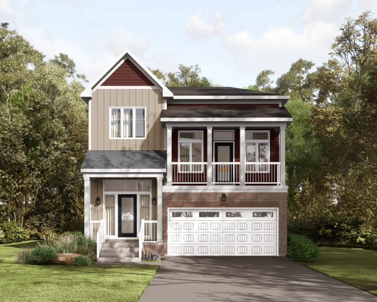 Series II Plan 2 at Fox Run: elevation rendering with a covered balcony over the garage