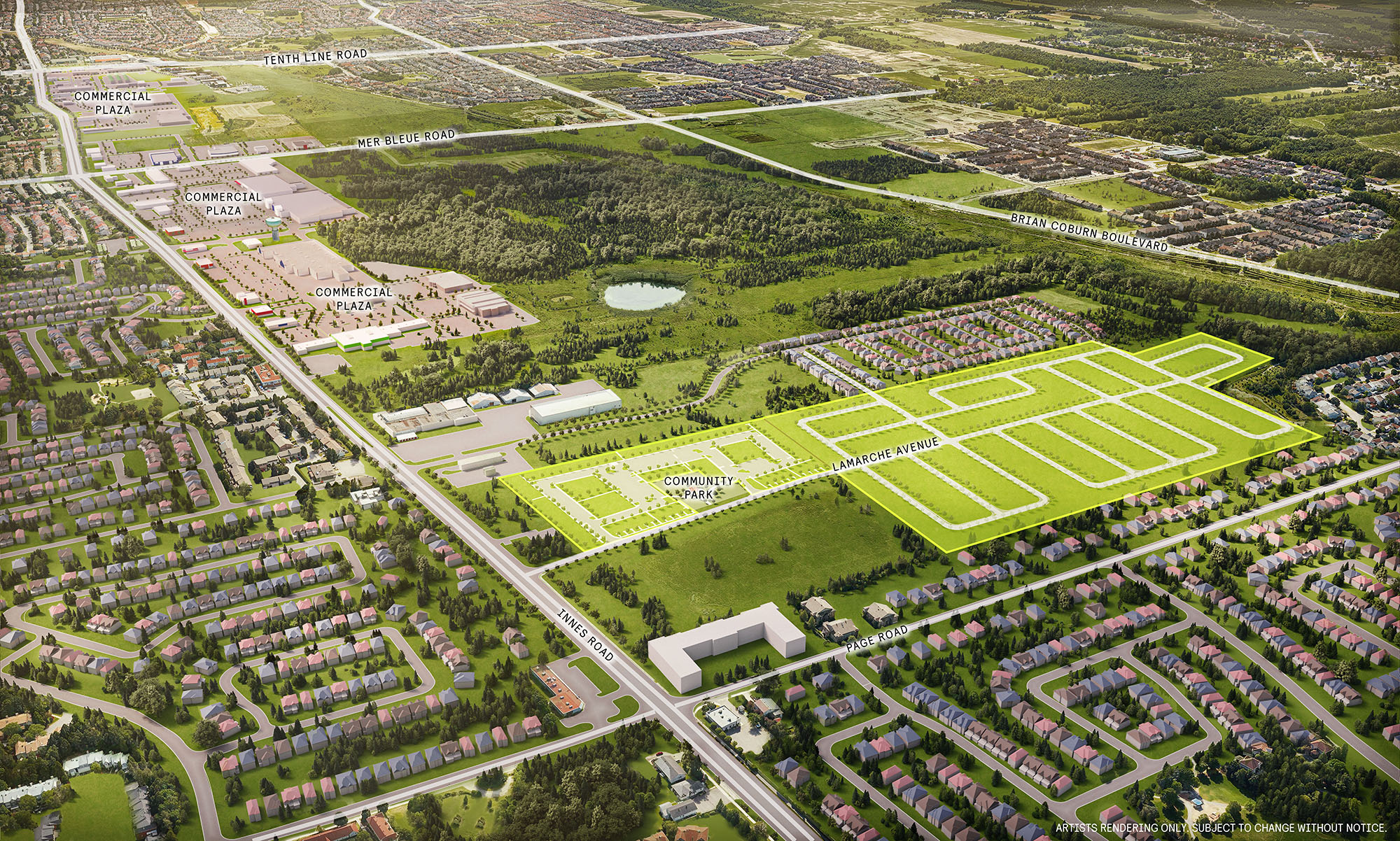 Aerial rendering of the Orléans Village community, with sports fields and surrounding streets