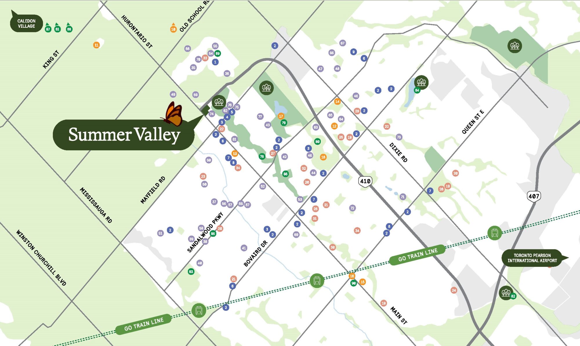 Amenity map around Summer Valley in Caledon, with schools, parks and shops marked