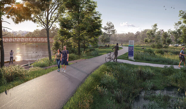 Rendering of a riverside path at The Conservancy, with walkers and a cyclist at sunset