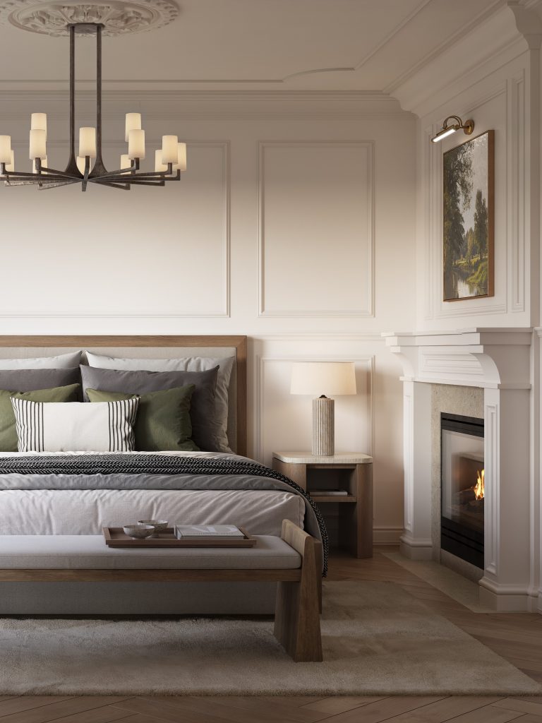Riverview primary bedroom with a fireplace, panelled walls and a chandelier