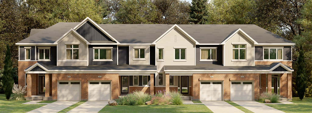 Plan 3E, 25' Collection at Rhythm: elevation rendering of a town block