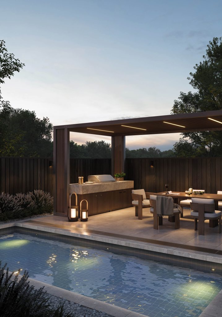 Riverview courtyard at dusk, with a pool, pergola and outdoor seating