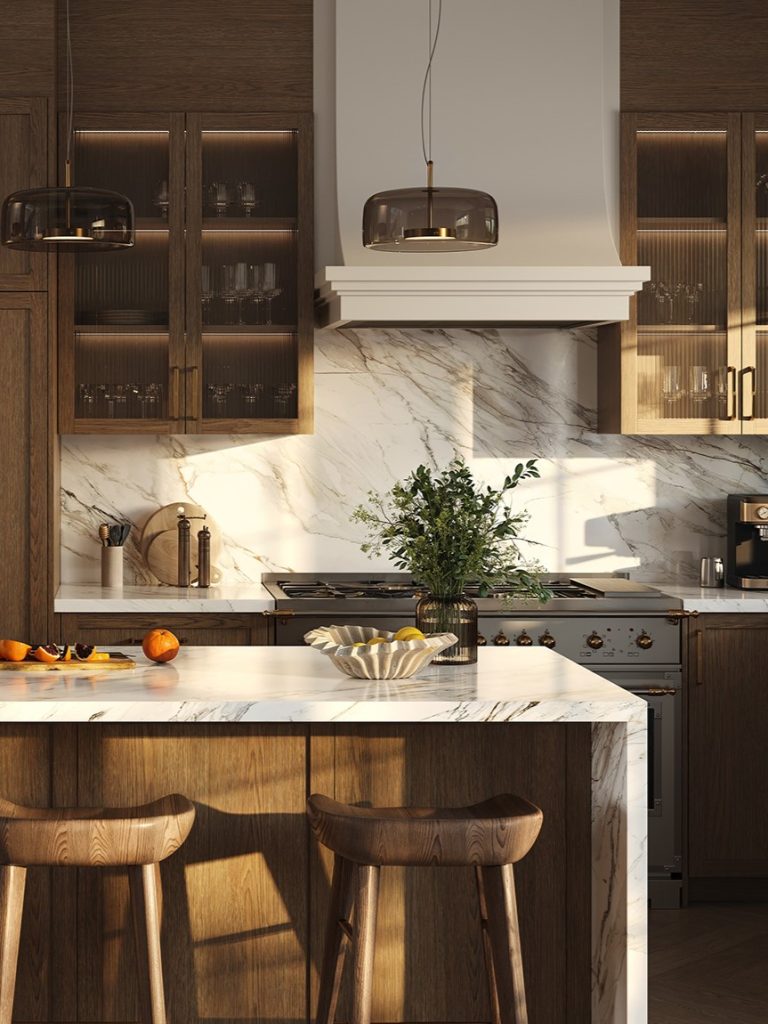 Riverview kitchen vignette with a marble backsplash, range hood and bar stools