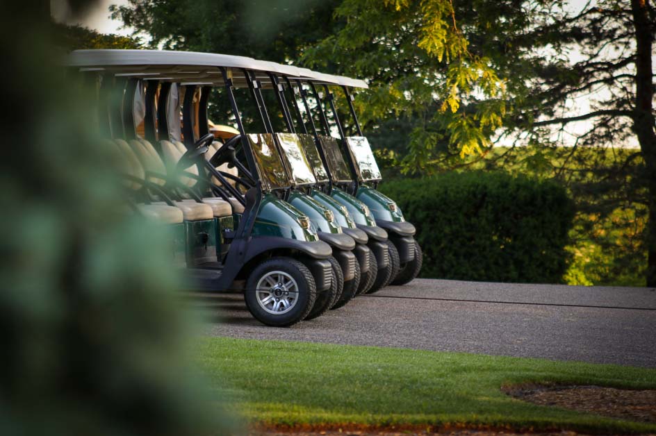 A line of golf carts parked beside a fairway
