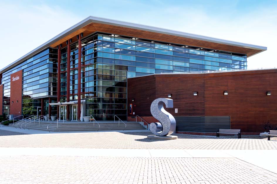 Sheridan College's Oakville campus building, in brick and glass