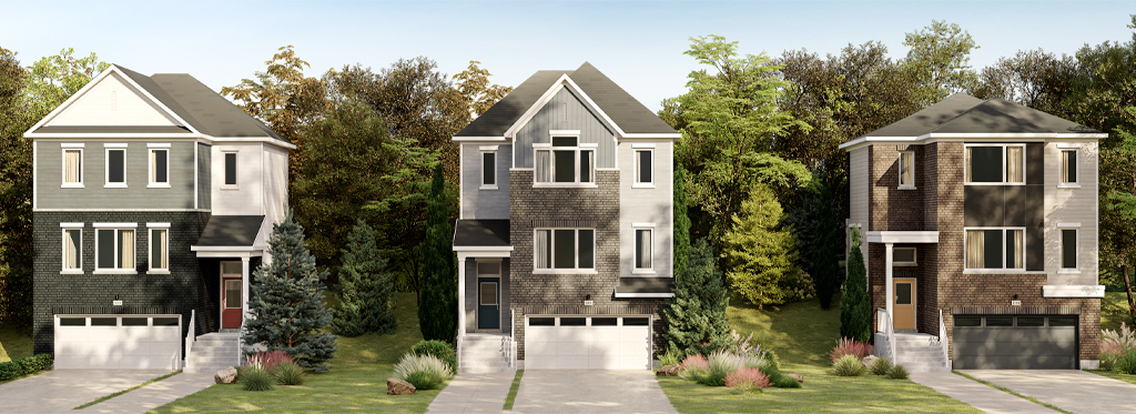 Plan 1, 31' Collection at Rhythm: streetscape rendering of three detached homes