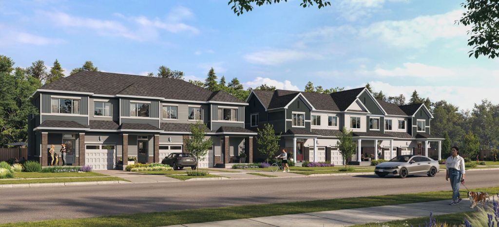 Streetscape rendering of a row of towns with individual garages